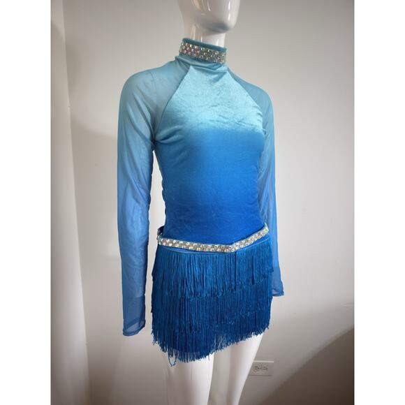 Weissman Pants - Weissman Blue Ombre Jazz Latin Dance Costume Fringe Sequin Belt Size MA